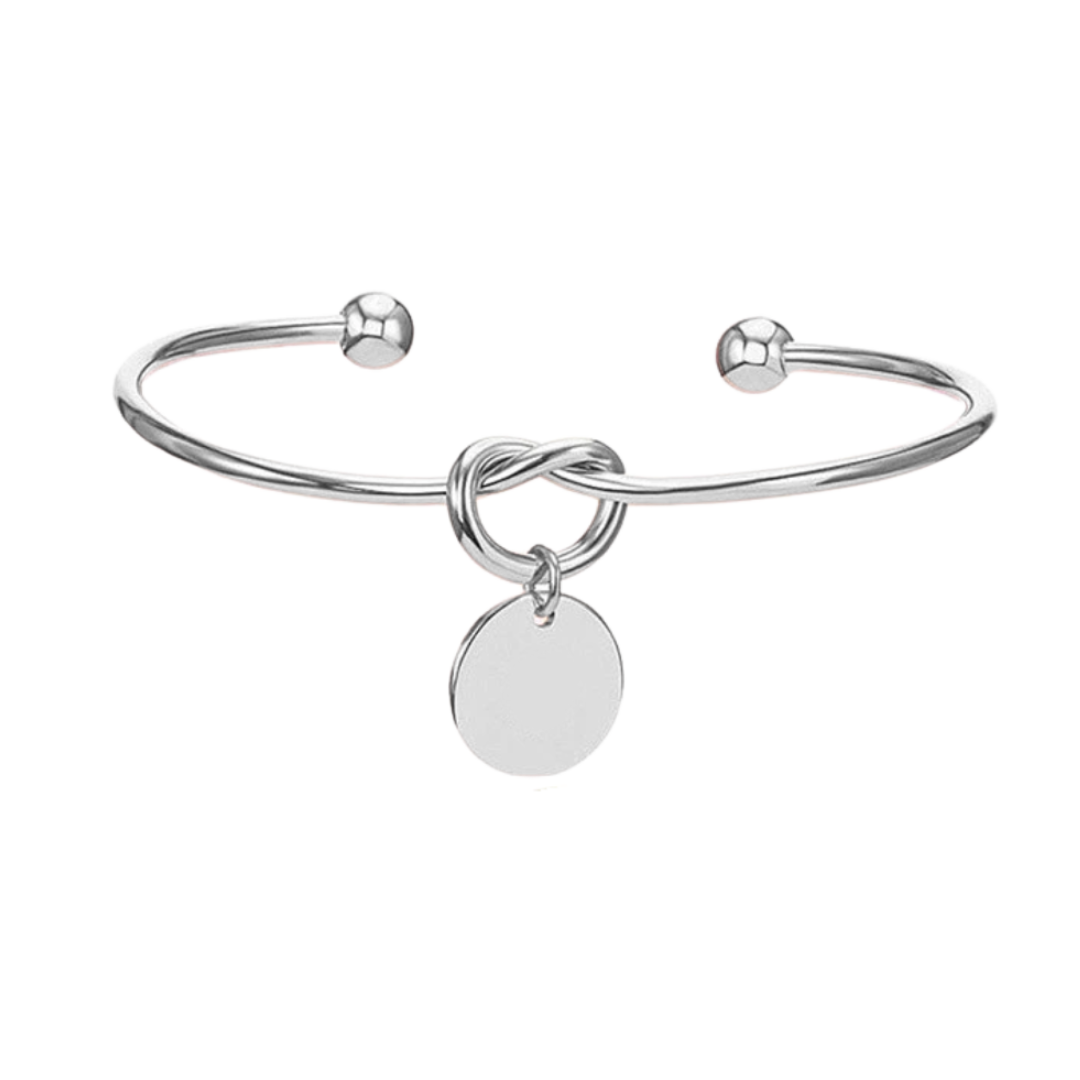 Personalised Custom Laser Engraved Knot Bangle Charm Bracelet with Birth Stone Crystal