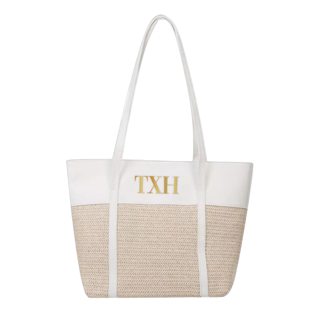 Personalised Custom Leather Straw Weave Tote Bag
