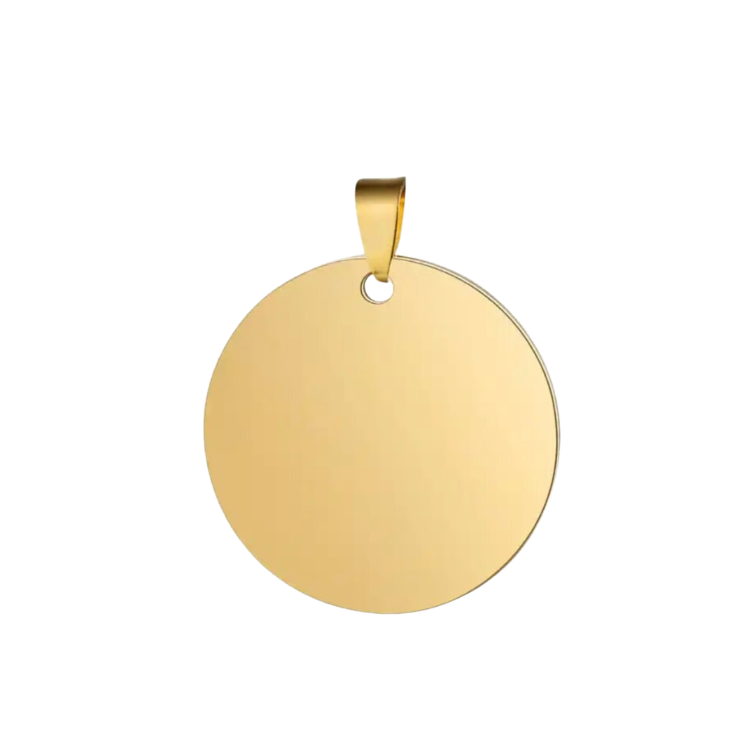 Stainless Steel Yellow Gold Round Shaped hardware pendant charm that can be customised into a keychain or necklace and personalised using laser engraving with name, text, message, or outline drawing.
