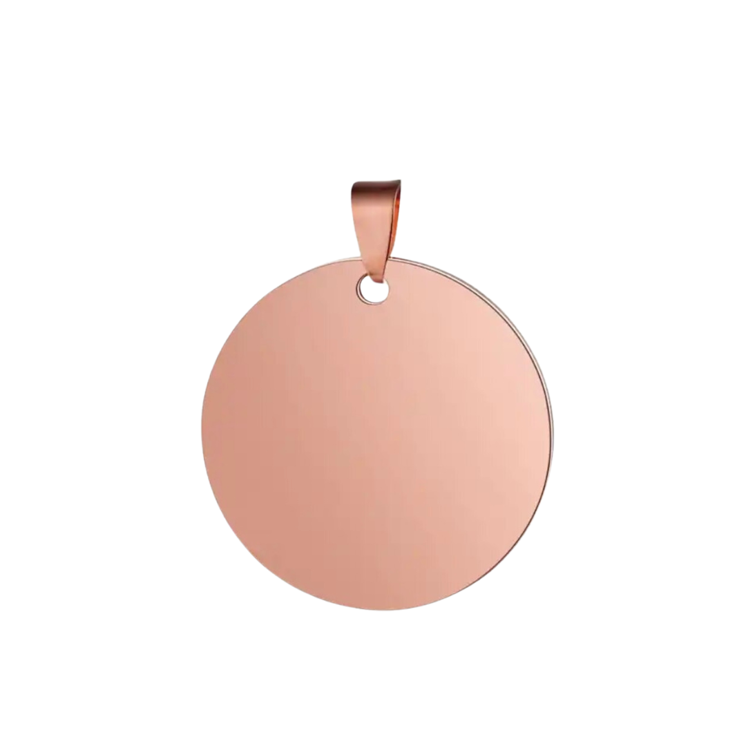 Stainless Steel Rose Gold Round Shaped hardware pendant charm that can be customised into a keychain or necklace and personalised using laser engraving with name, text, message, or outline drawing.