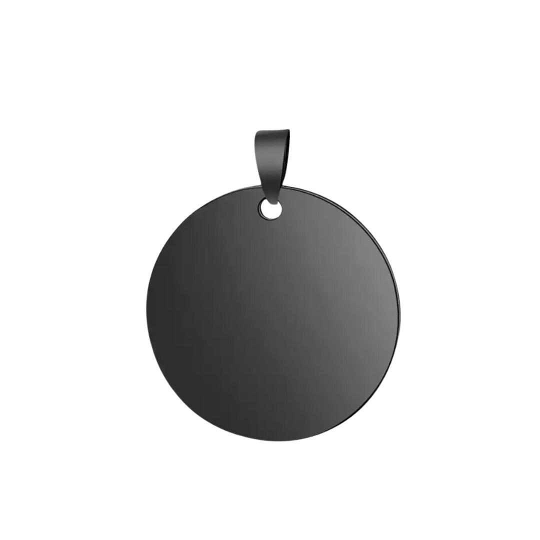 Stainless Steel Gunmetal Black Round Shaped hardware pendant charm that can be customised into a keychain or necklace and personalised using laser engraving with name, text, message, or outline drawing.