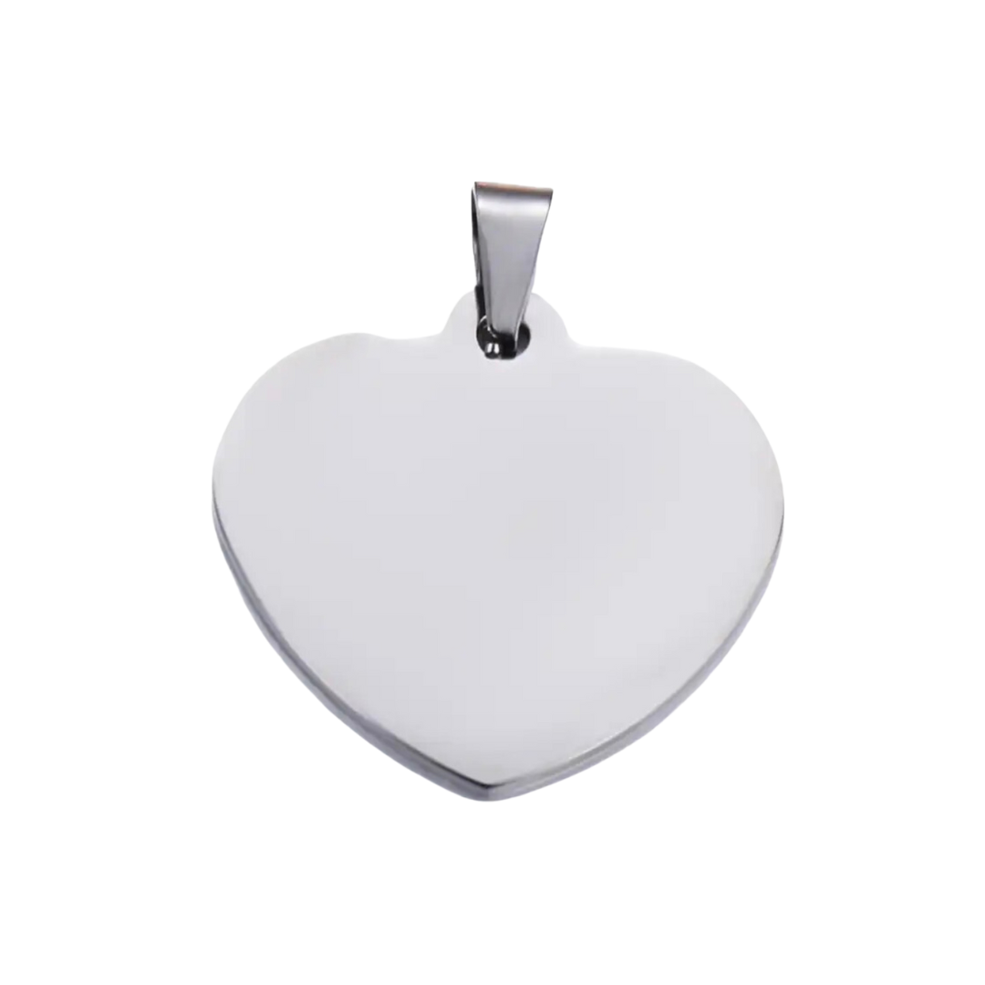 Stainless Steel Silver Heart Shaped hardware pendant charm that can be customised into a keychain or necklace and personalised using laser engraving with name, text, message, or outline drawing.