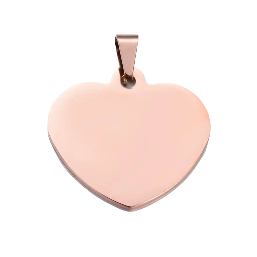 Stainless Steel Rose Gold Heart Shaped hardware pendant charm that can be customised into a keychain or necklace and personalised using laser engraving with name, text, message, or outline drawing.