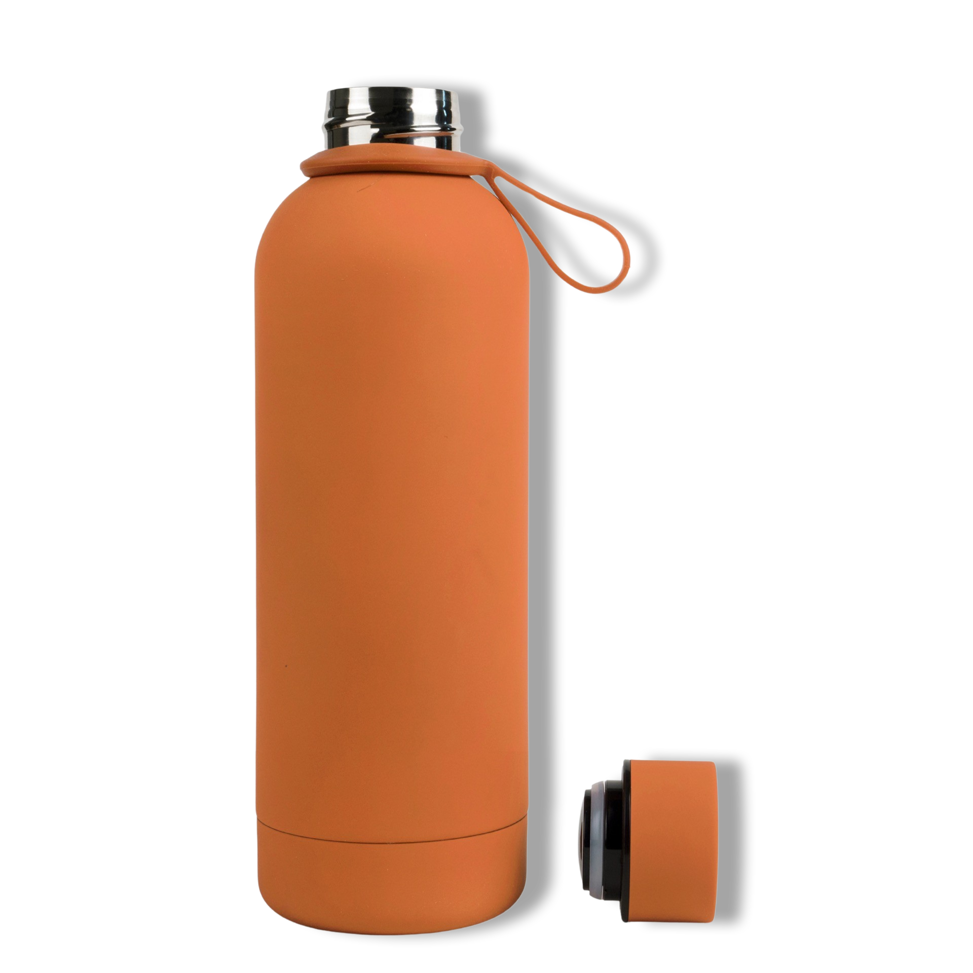 500ml Tangerine Pumpkin Orange Colour Stainless Steel Insulated Water Bottle Tumbler Double Walled Vacuum with Matte Satin Finish comes with complimentary matching strap for easy on-the-go use. Personalise with name, monogram, image, logo or outline drawing.