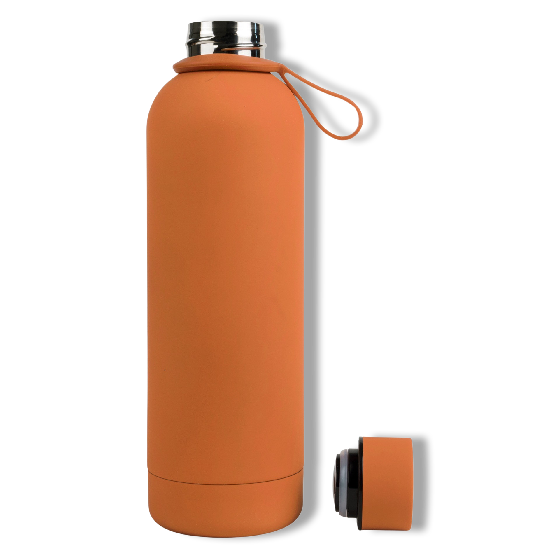 750ml Tangerine Pumpkin Orange Colour Stainless Steel Insulated Water Bottle Tumbler Double Walled Vacuum with Matte Satin Finish comes with complimentary matching strap for easy on-the-go use. Personalise with name, monogram, image, logo or outline drawing.