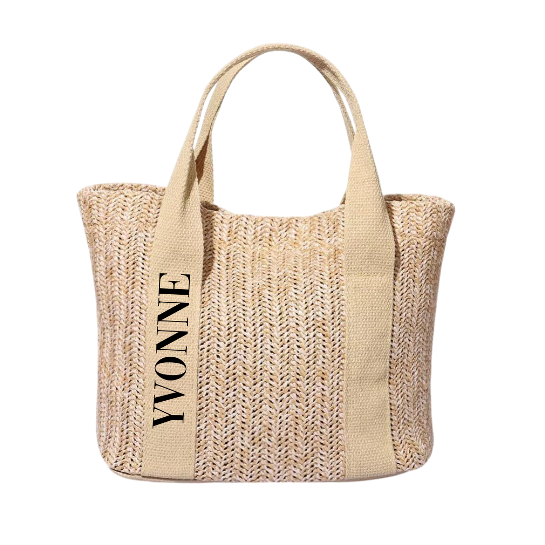 Beige Straw Weave Beach Bag with Handle Personalise Name Free Scarf Main Picture