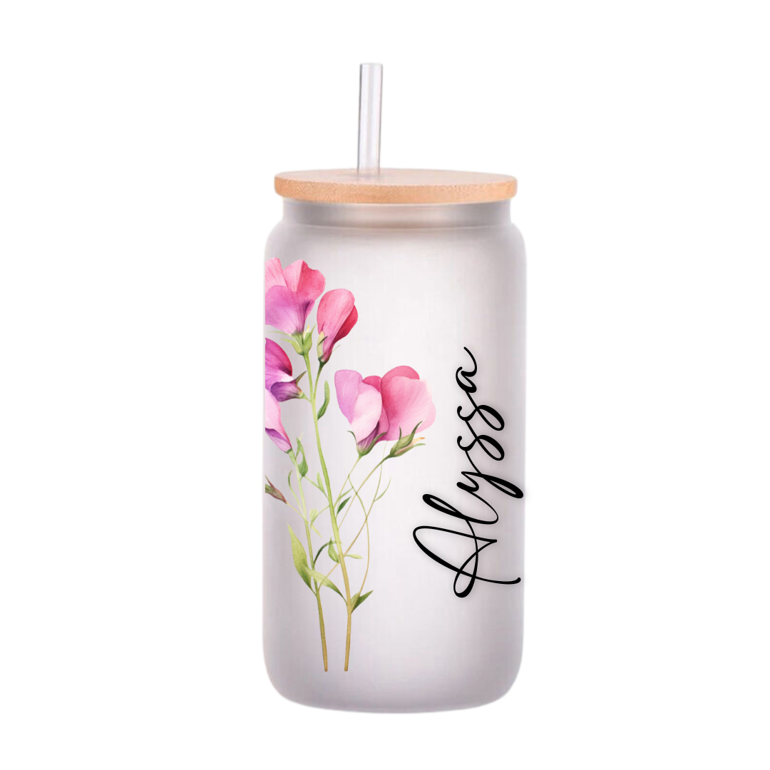 Personalised Birth Flower Libbey Glass Can Cup with Lid And Straw