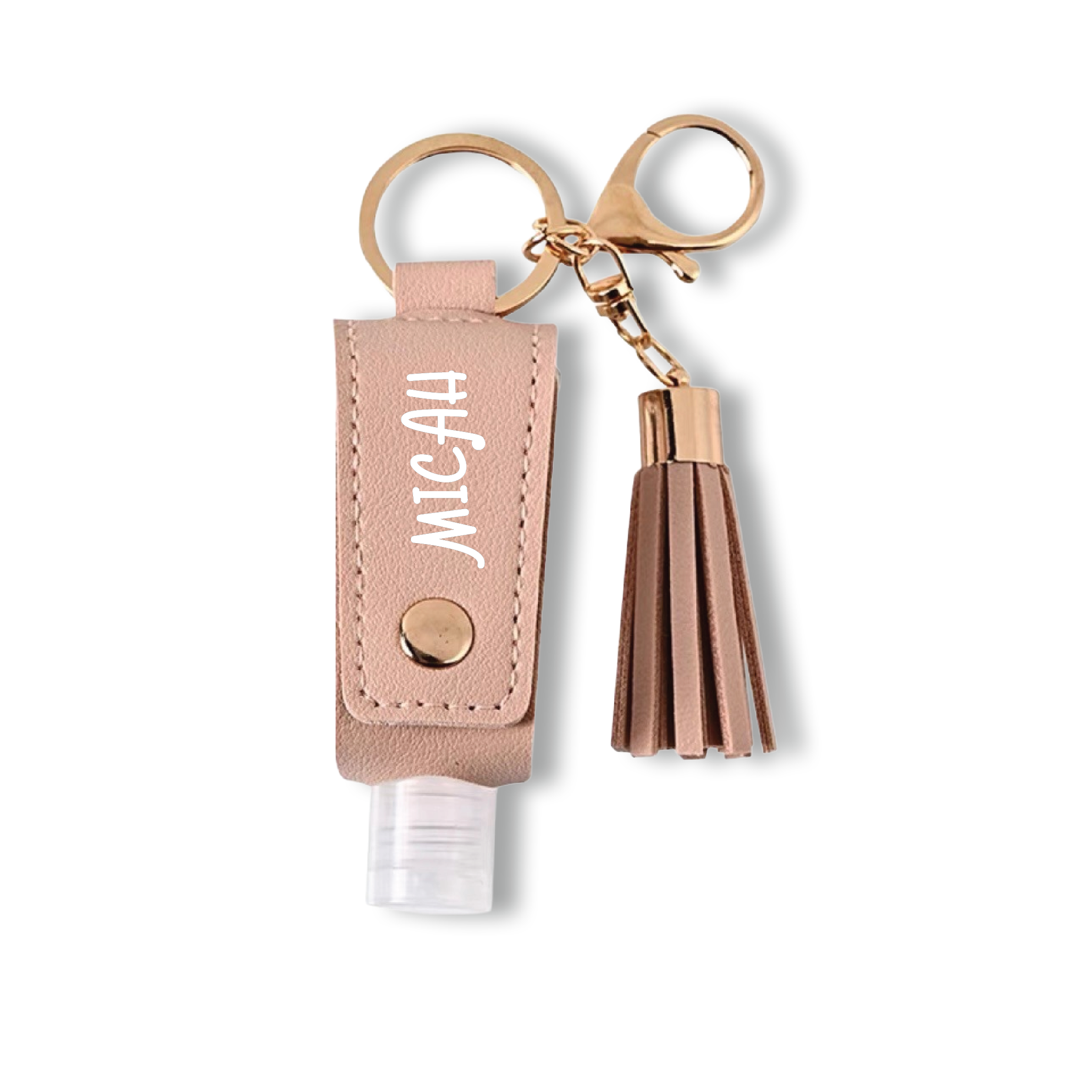 Blush Pink Vegan Leather Hand Sanitiser Holder Keychain with Tassel Personalised Name Accessory