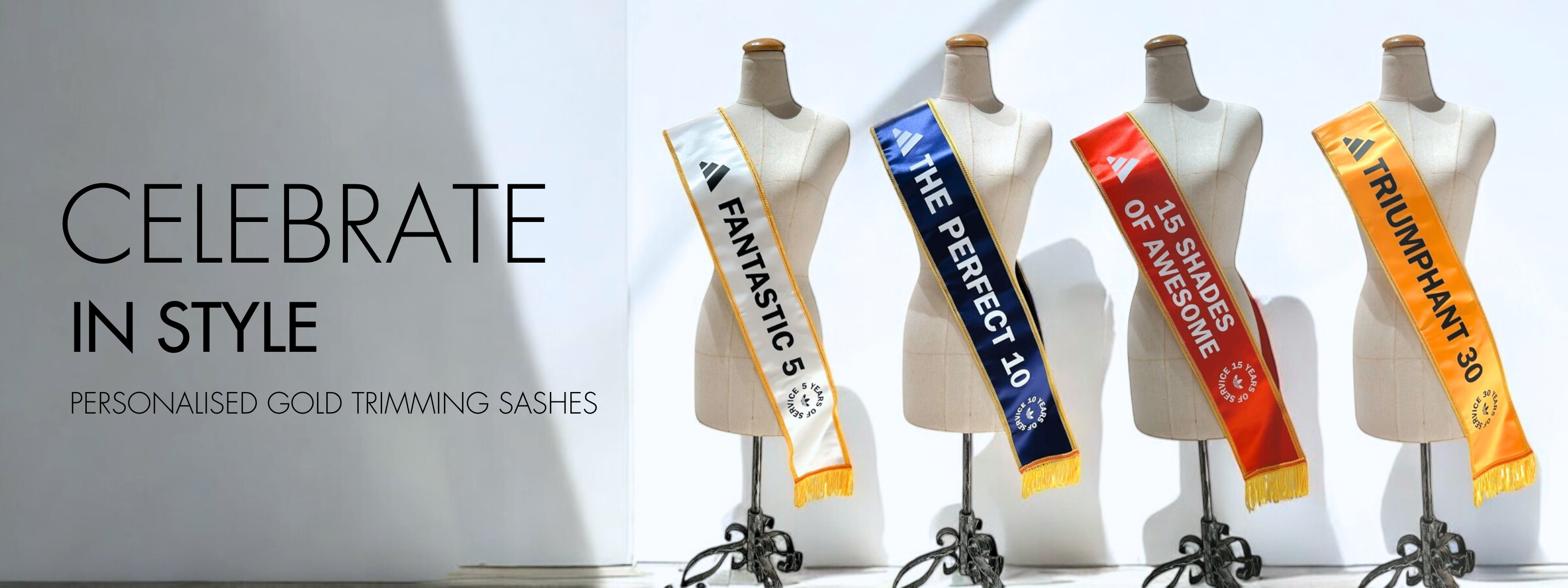 Featured Desktop Website Banner Adidas Long Service Award Personalised Party Satin Sash with Gold Trimming Corporatev