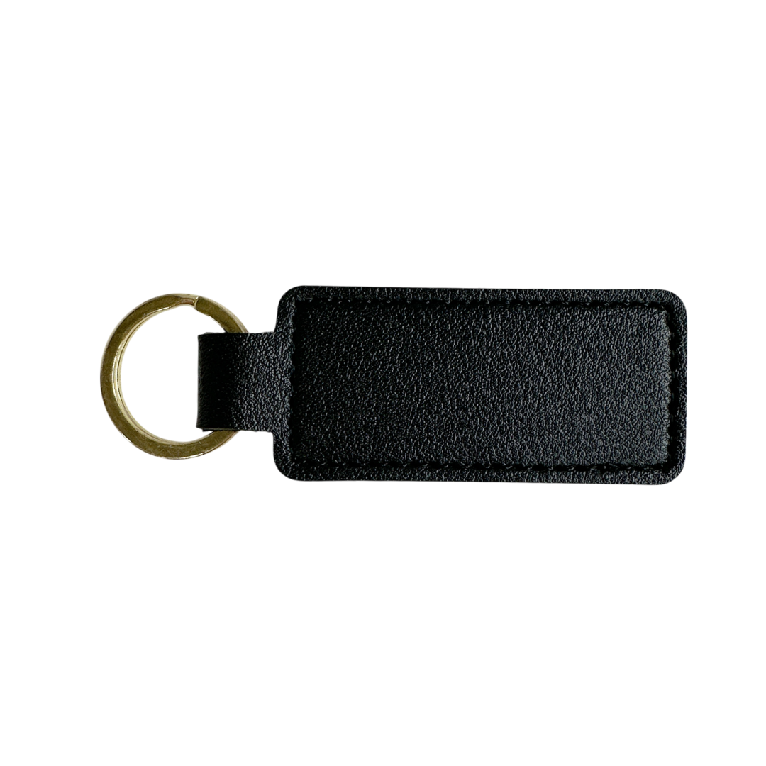 Personalised Custom Soft Textured Rectangle Flat Bar Leather Keychain with Gold Hardware in Black