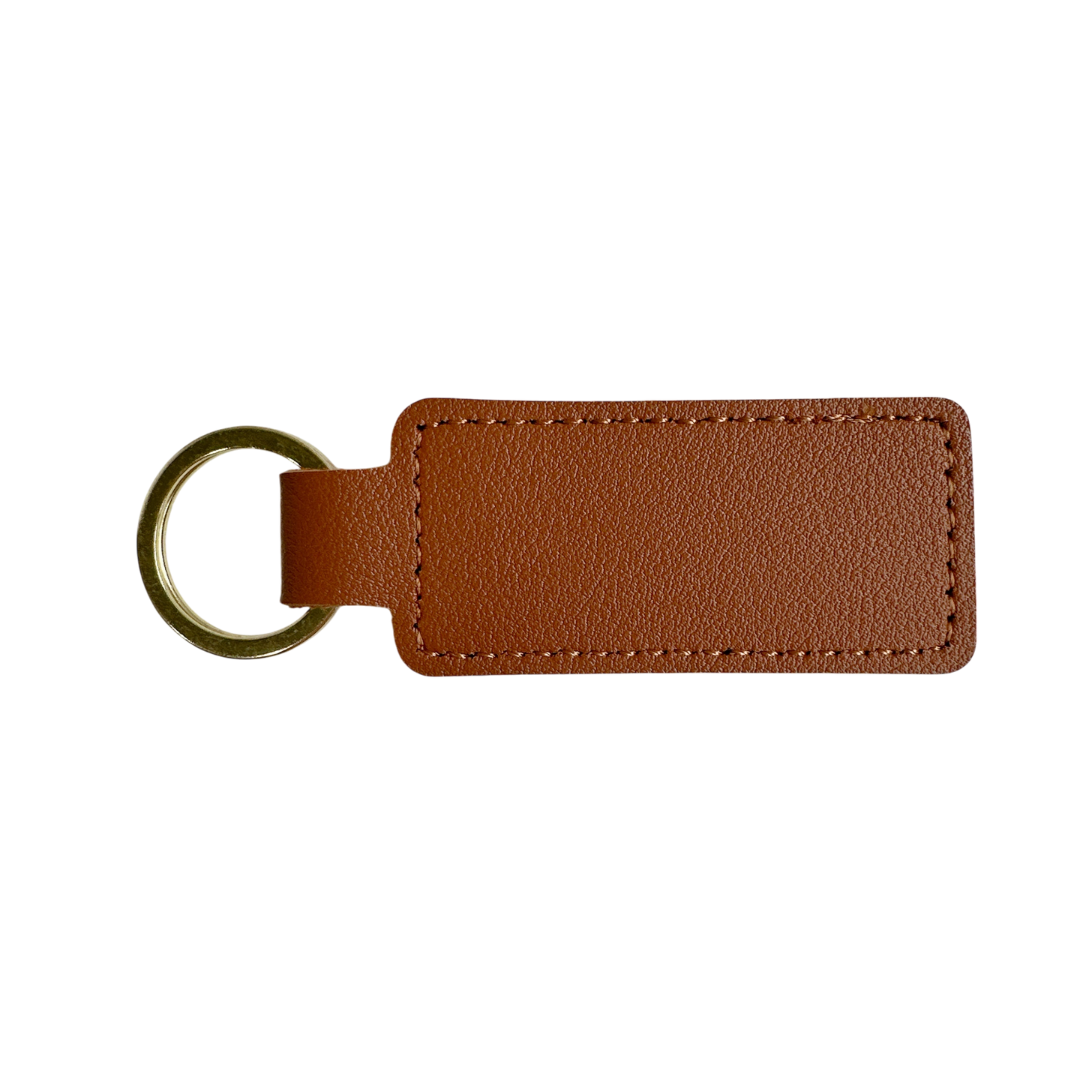 Personalised Custom Soft Textured Rectangle Flat Bar Leather Keychain with Gold Hardware in Caramel Brown