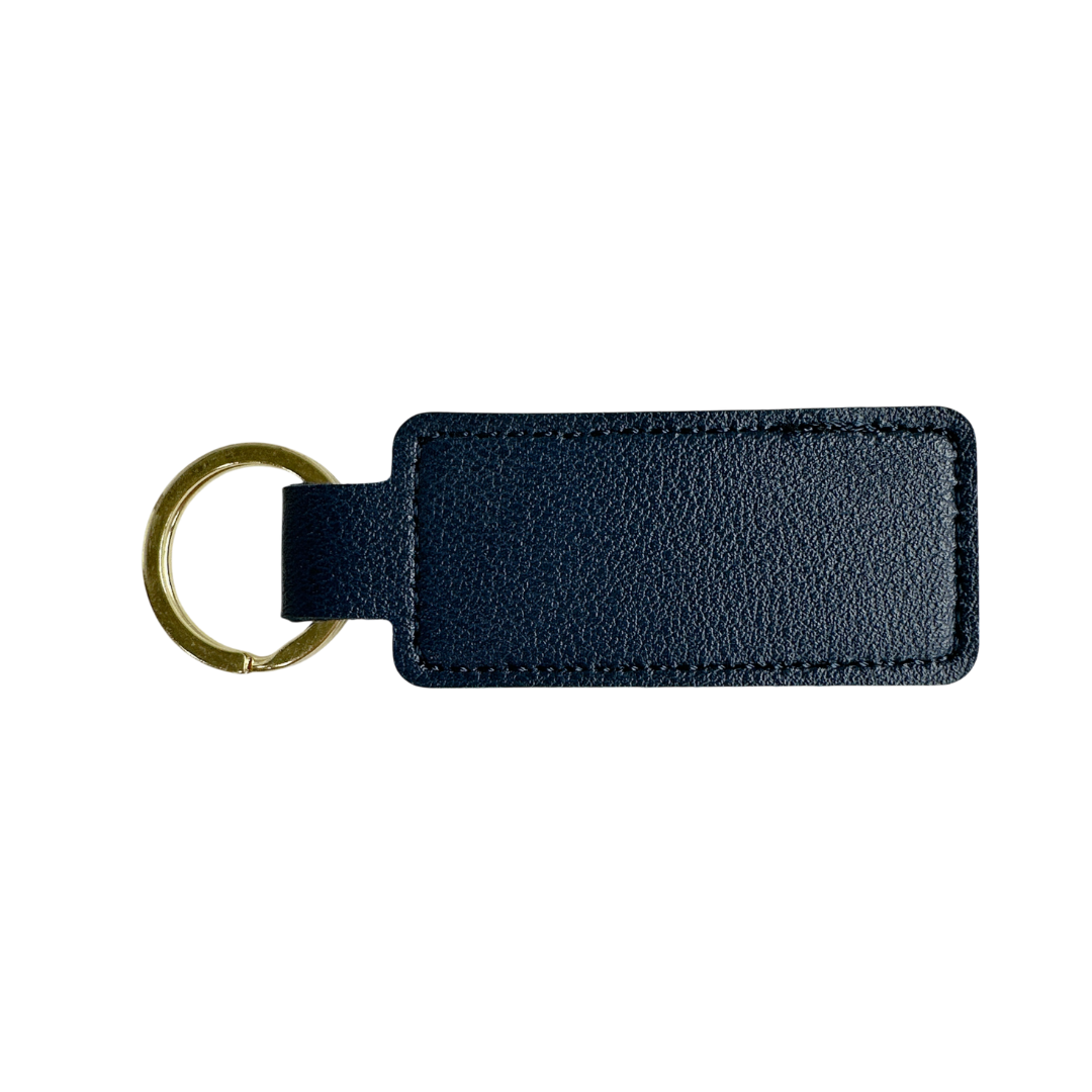 Personalised Custom Soft Textured Rectangle Flat Bar Leather Keychain with Gold Hardware in Navy Blue