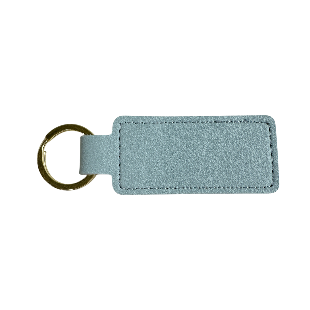 Personalised Custom Soft Textured Rectangle Flat Bar Leather Keychain with Gold Hardware in Pastel Blue
