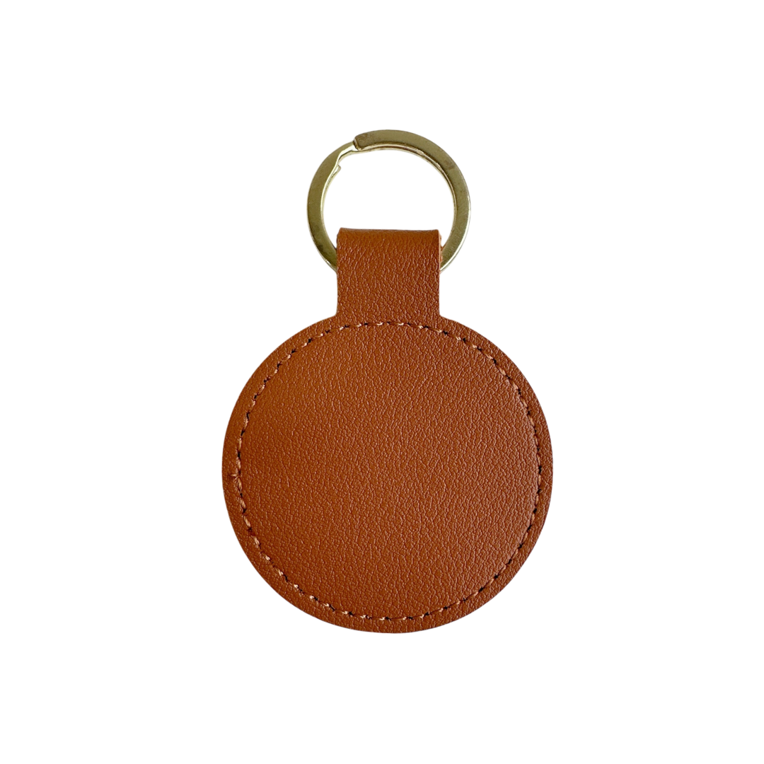 Personalised Custom Soft Textured Round Leather Keychain with Gold Hardware in Caramel Brown