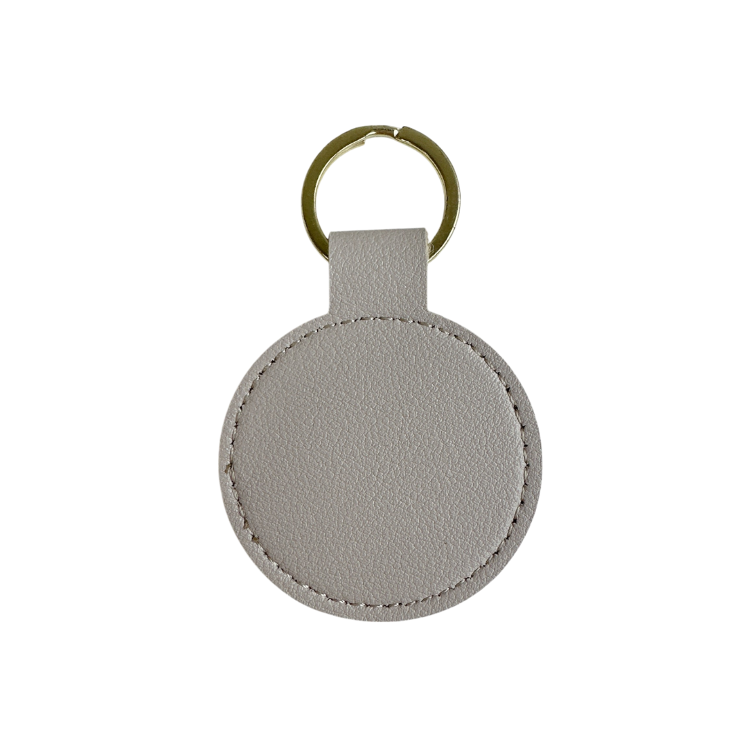 Personalised Custom Soft Textured Round Leather Keychain with Gold Hardware in Grey