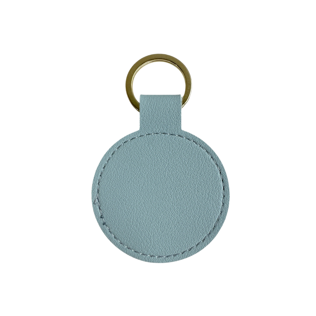 Personalised Custom Soft Textured Round Leather Keychain with Gold Hardware in Pastel Blue