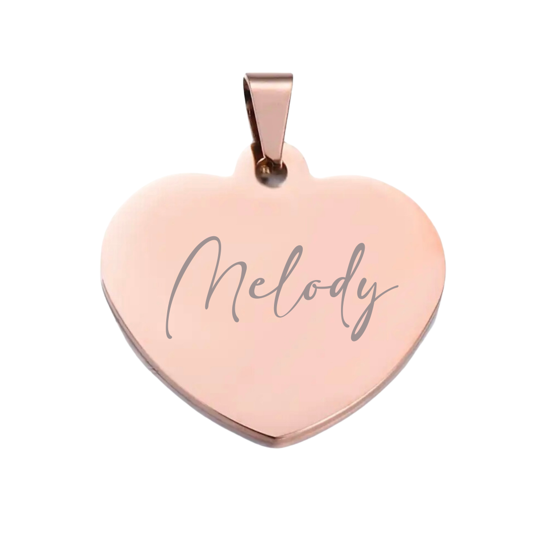 Stainless Steel Rose Gold Heart Shaped hardware pendant charm that can be customised into a keychain or necklace and personalised using laser engraving with name, text, message, or outline drawing.