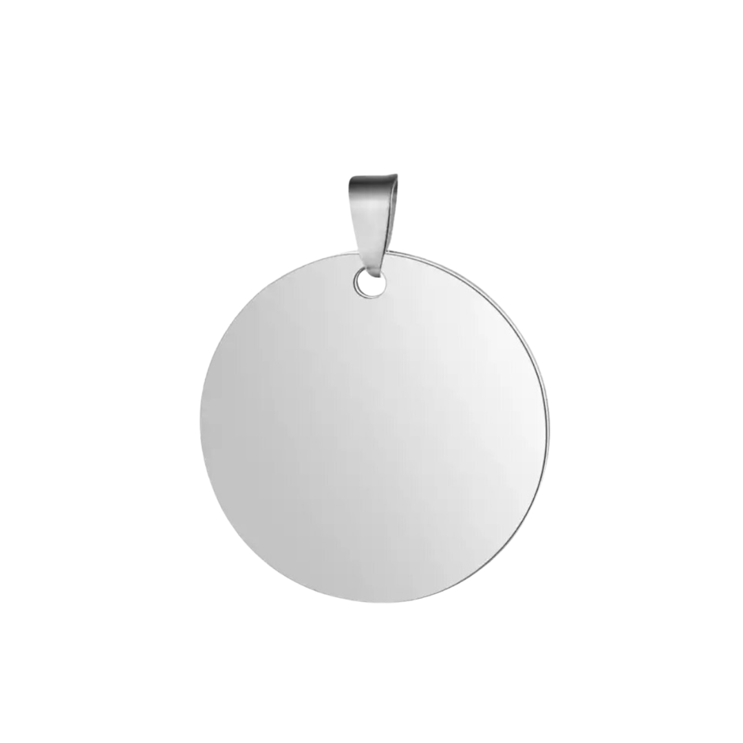 Stainless Steel Silver Round Shaped hardware pendant charm that can be customised into a keychain or necklace and personalised using laser engraving with name, text, message, or outline drawing.