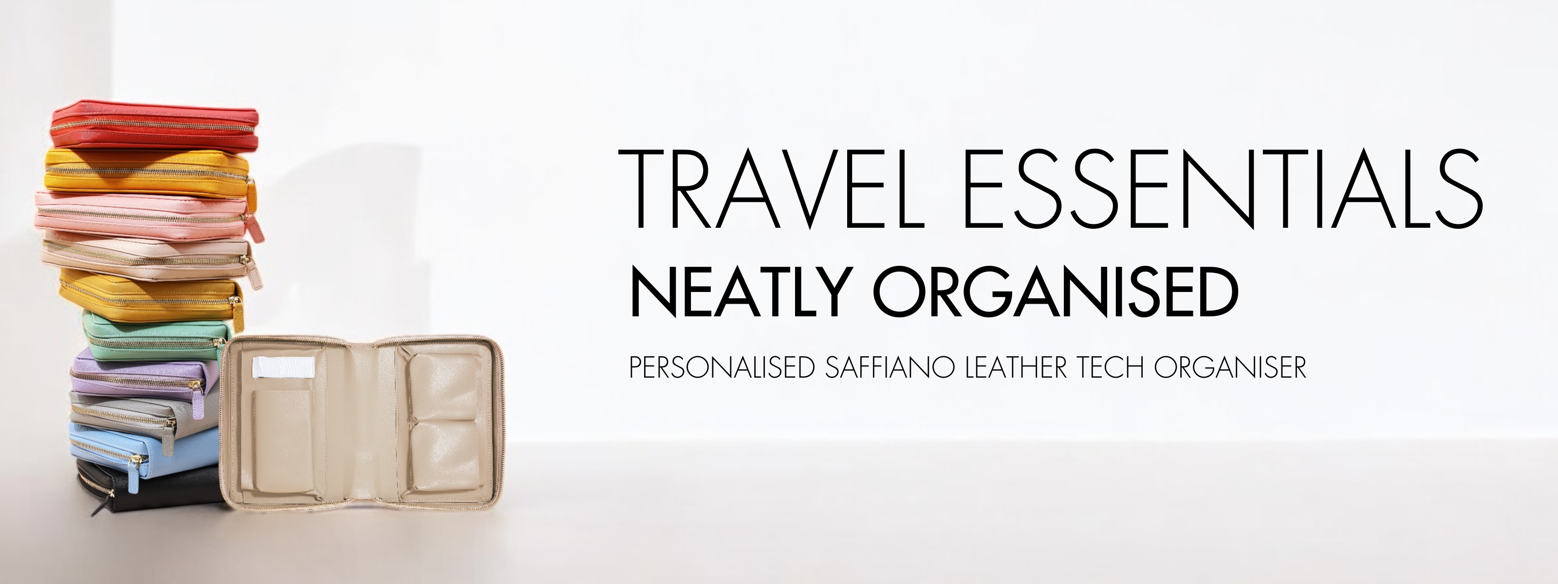 Featured Desktop Website Banner Saffiano Leather Tech Organiser Zipper Pouch Travel Essentials