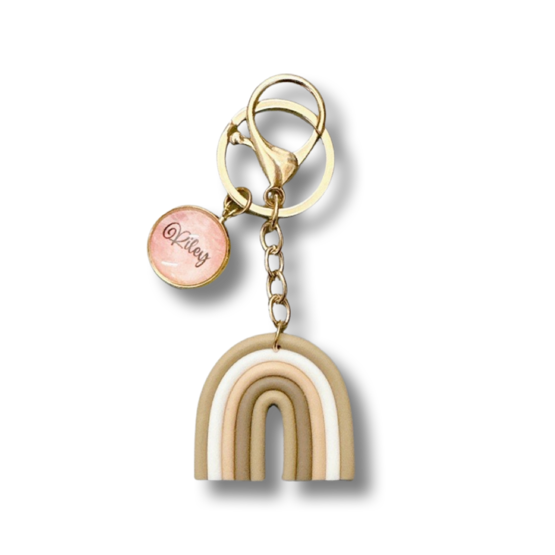 Neutral Sand Rainbow Silicone Keychain with Personalised Charm