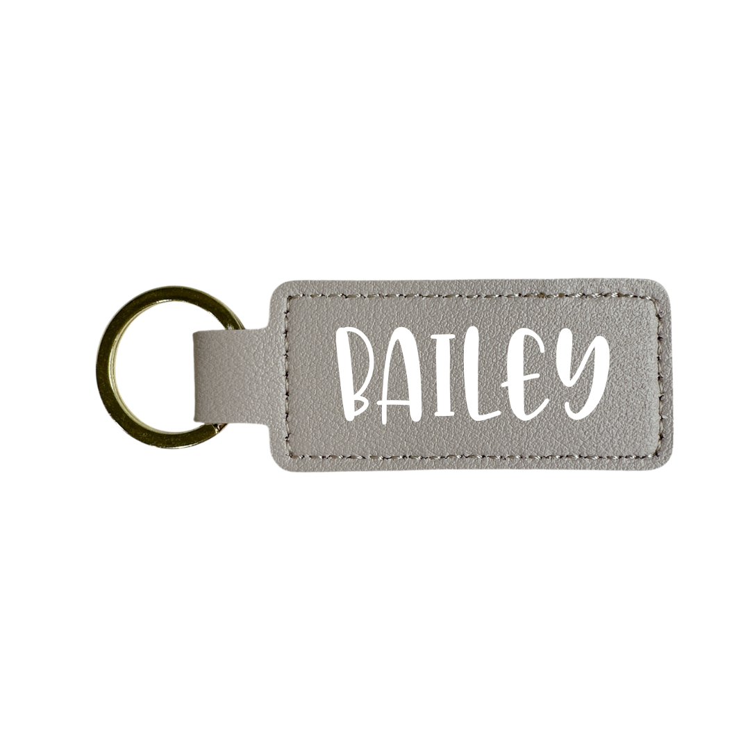 Personalised Custom Soft Textured Rectangle Flat Bar Leather Keychain with Gold Hardware in Grey with Name