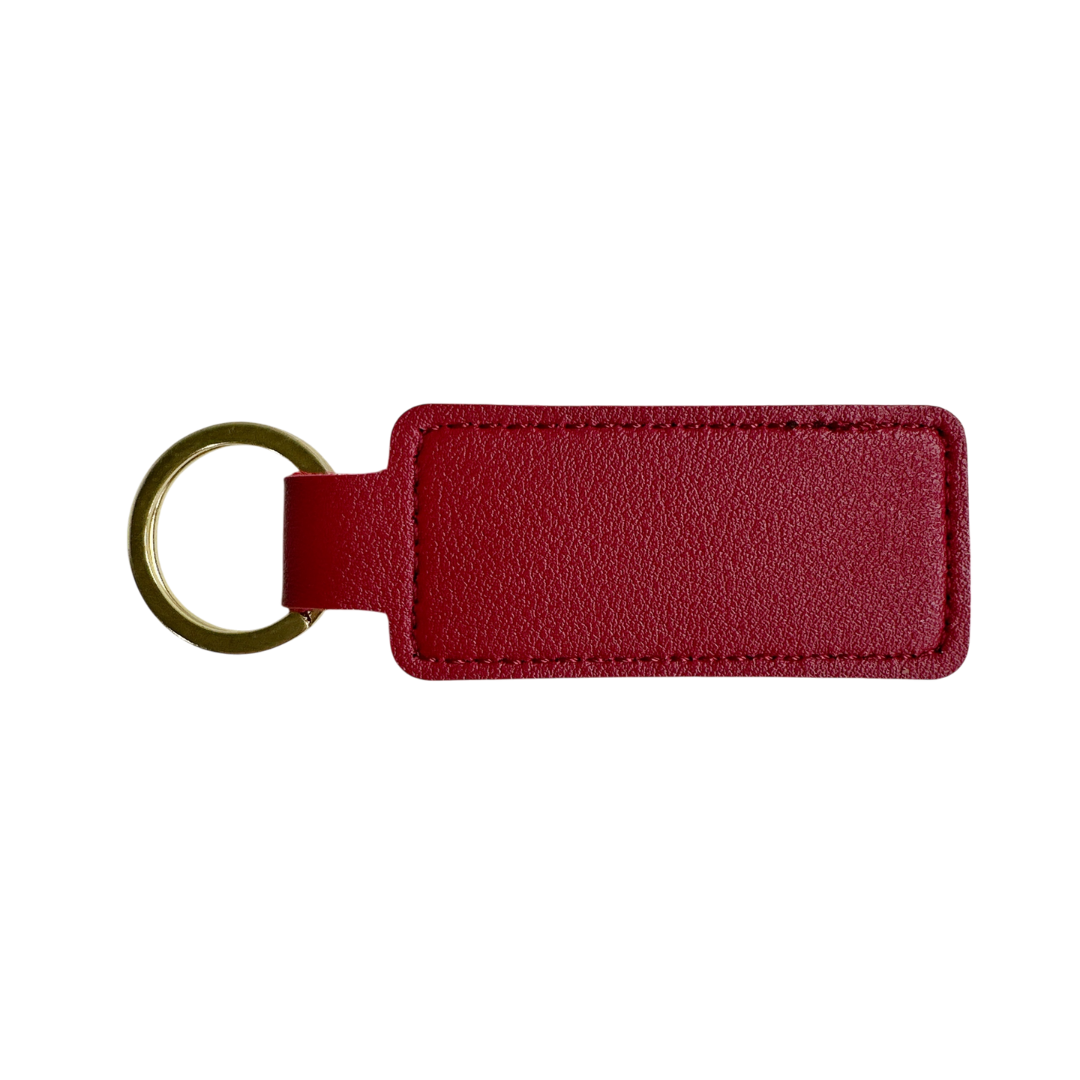 Personalised Custom Soft Textured Rectangle Flat Bar Leather Keychain with Gold Hardware in Maroon Red