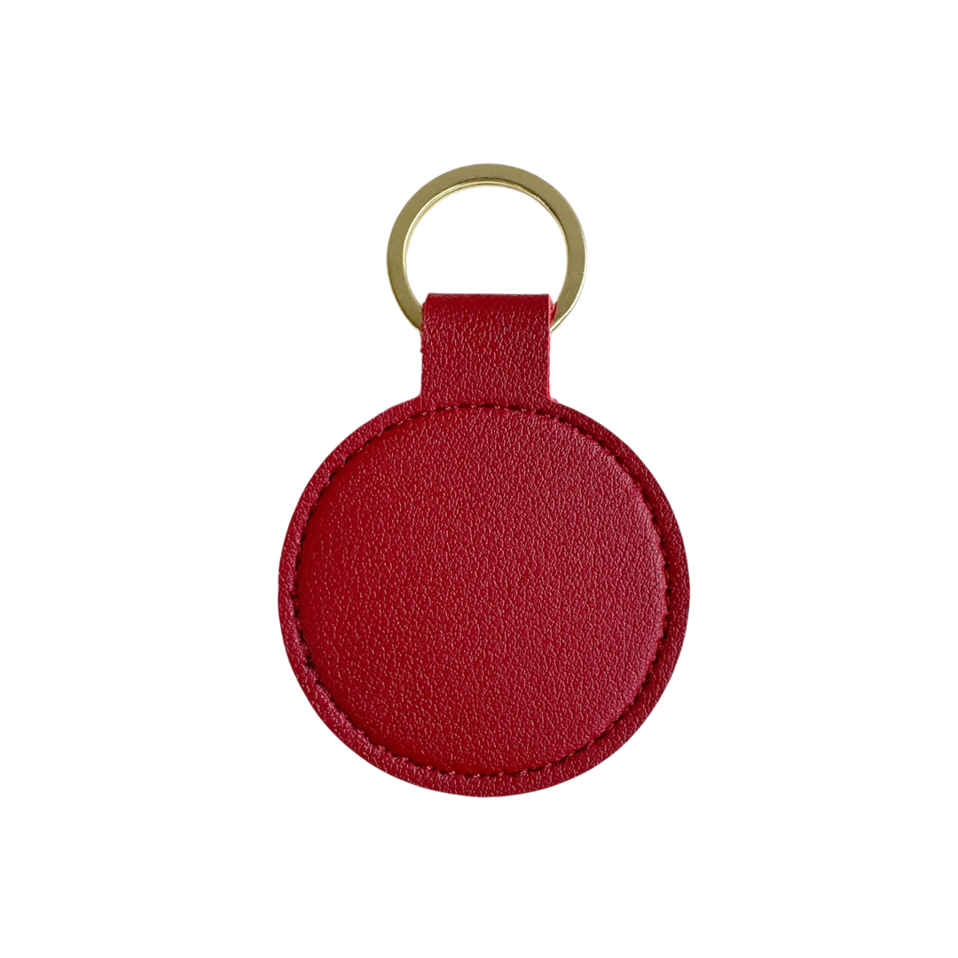 Personalised Custom Soft Textured Round Leather Keychain with Gold Hardware in Maroon Red